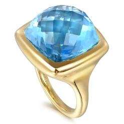 Clearance Gabriel & Co. 14K Yellow Gold Cushion Cut Blue Topaz Ladies Ring With Flower Pattern J-Back