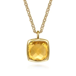 Outlet Gabriel & Co. 14K Yellow Gold Cushion Cut Citrine Necklace With Flower Pattern J-Back and Bezel Setting