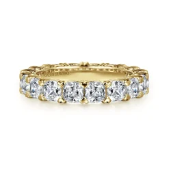 Gabriel & Co. 14K Yellow Gold Cushion Cut Diamond Eternity Band with Heart Prongs - 4.06 ct