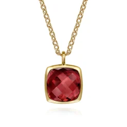 Sale Gabriel & Co. 14K Yellow Gold Cushion Cut Garnet Necklace With Flower Pattern J-Back and Bezel Setting