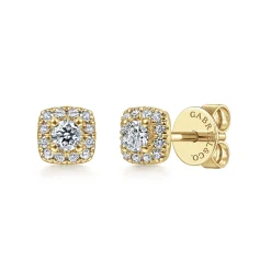 Clearance Gabriel & Co. 14K Yellow Gold Cushion Halo Round Diamond Stud Earrings