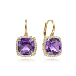 Outlet Gabriel & Co. 14K Yellow Gold Diamond and Amethyst Cushion Cut Earrings With Flower Pattern J-Back