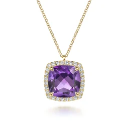 Hot Gabriel & Co. 14K Yellow Gold Diamond and Amethyst Cushion Cut Necklace With Flower Pattern J-Back