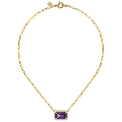 Sale Gabriel & Co. 14K Yellow Gold Diamond and Amethyst Emerald Cut Necklace With Flower Pattern Gallery