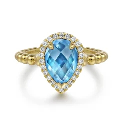 New Gabriel & Co. 14K Yellow Gold Diamond and Blue Topaz Pear Halo Ring