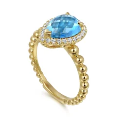 New Gabriel & Co. 14K Yellow Gold Diamond and Blue Topaz Pear Halo Ring