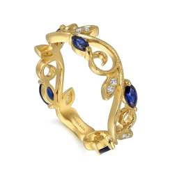 Discount Gabriel & Co. 14K Yellow Gold Diamond and Blue Sapphire Filigree Pattern Stackable Ladies Ring