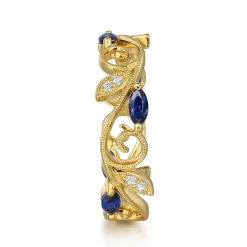 Discount Gabriel & Co. 14K Yellow Gold Diamond and Blue Sapphire Filigree Pattern Stackable Ladies Ring