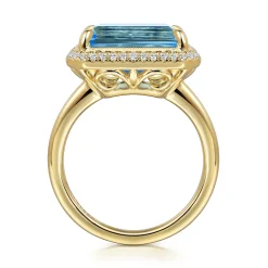 Gabriel & Co. 14K Yellow Gold Diamond and Blue Topaz Emerald Cut Ladies Ring With Flower Pattern Gallery