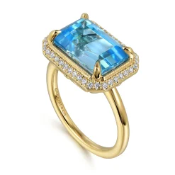 Gabriel & Co. 14K Yellow Gold Diamond and Blue Topaz Emerald Cut Ladies Ring With Flower Pattern Gallery