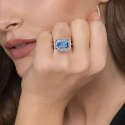 Gabriel & Co. 14K Yellow Gold Diamond and Blue Topaz Emerald Cut Ladies Ring With Flower Pattern Gallery