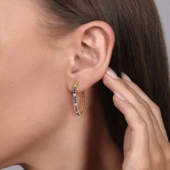 Best Gabriel & Co. 14K Yellow Gold Diamond and Blue Sapphire Bujukan 30mm Hoop Earrings