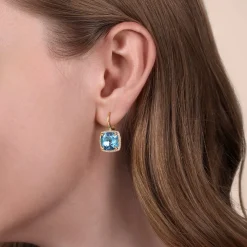 Discount Gabriel & Co. 14K Yellow Gold Diamond and Blue Topaz Cushion Cut Earrings With Flower Pattern J-Back