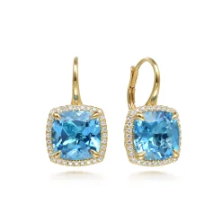 Discount Gabriel & Co. 14K Yellow Gold Diamond and Blue Topaz Cushion Cut Earrings With Flower Pattern J-Back
