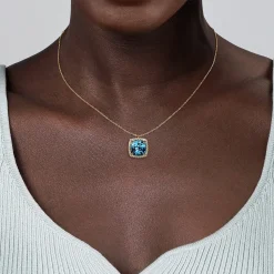 Online Gabriel & Co. 14K Yellow Gold Diamond and Blue Topaz Cushion Cut Necklace With Flower Pattern J-Back