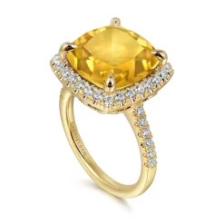 Outlet Gabriel & Co. 14K Yellow Gold Diamond and Citrine Cushion Cut Ladies Ring With Flower Pattern Gallery