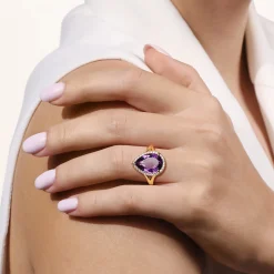 Gabriel & Co. 14K Yellow Gold Diamond and Flat Pear Shape Amethyst Ladies Ring With Flower Pattern Gallery