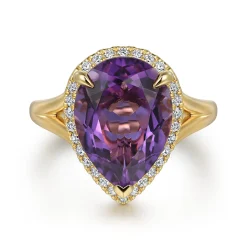 Gabriel & Co. 14K Yellow Gold Diamond and Flat Pear Shape Amethyst Ladies Ring With Flower Pattern Gallery