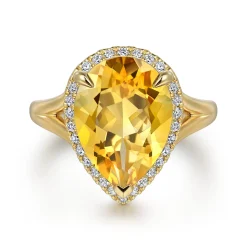 Sale Gabriel & Co. 14K Yellow Gold Diamond and Flat Pear Shape Citrine Ladies Ring With Flower Pattern Gallery
