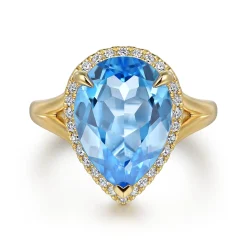 New Gabriel & Co. 14K Yellow Gold Diamond and Flat Pear Shape Blue Topaz Ladies Ring With Flower Pattern Gallery