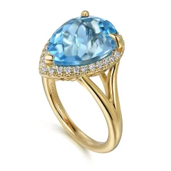 New Gabriel & Co. 14K Yellow Gold Diamond and Flat Pear Shape Blue Topaz Ladies Ring With Flower Pattern Gallery