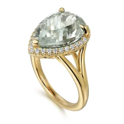 Best Gabriel & Co. 14K Yellow Gold Diamond and Flat Pear Shape Green Amethyst Ladies Ring With Flower Pattern Gallery