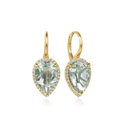 Clearance Gabriel & Co. 14K Yellow Gold Diamond and Flat Pear Green Amethyst Earrings With Flower Pattern J-Back