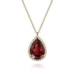 Discount Gabriel & Co. 14K Yellow Gold Diamond and Flat Teardrop Garnet Necklace With Flower Pattern J-Back