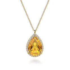 Sale Gabriel & Co. 14K Yellow Gold Diamond and Flat Teardrop Citrine Necklace With Flower Pattern J-Back