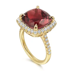 Online Gabriel & Co. 14K Yellow Gold Diamond and Garnet Cushion Cut Ladies Ring With Flower Pattern Gallery