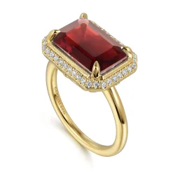 Sale Gabriel & Co. 14K Yellow Gold Diamond and Garnet Emerald Cut Ladies Ring With Flower Pattern Gallery