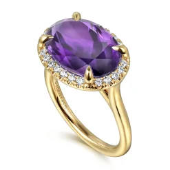 Best Gabriel & Co. 14K Yellow Gold Diamond and Oval Shape Amethyst Ladies Ring With Flower Pattern Gallery