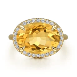 Clearance Gabriel & Co. 14K Yellow Gold Diamond and Oval Shape Citrine Ladies Ring With Flower Pattern Gallery