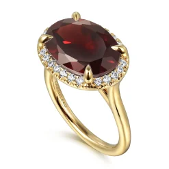 Discount Gabriel & Co. 14K Yellow Gold Diamond and Oval Shape Garnet Ladies Ring With Flower Pattern Gallery