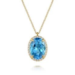 Outlet Gabriel & Co. 14K Yellow Gold Diamond and Oval Shape Blue Topaz Necklace With Flower Pattern J-Back