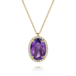 Clearance Gabriel & Co. 14K Yellow Gold Diamond and Oval Shape Amethyst Necklace With Flower Pattern J-Back