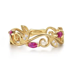 Sale Gabriel & Co. 14K Yellow Gold Diamond and Ruby Filigree Pattern Stackable Ladies Ring