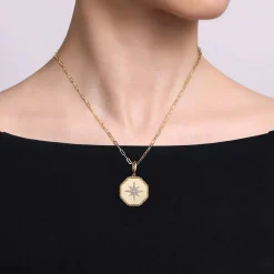 Clearance Gabriel & Co. 14K Yellow Gold Diamond Bujukan Starburst Hexagon Medallion Pendant With Detachable Bail