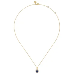 Hot Gabriel & Co. 14K Yellow Gold Diamond Halo and Oval Blue Sapphire Pendant Necklace