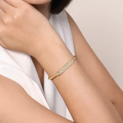 New Gabriel & Co. 14K Yellow Gold Diamond Pave Bar Bujukan Bead Split Bangle