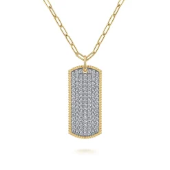 Best Gabriel & Co. 14K Yellow Gold Diamond Pave Dog Tag Pendant Hollow Chain Necklace