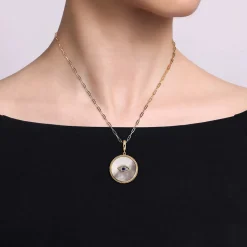 Best Gabriel & Co. 14K Yellow Gold Diamond Sapphire and White Mother of Pearl Evil Eye Medallion Pendant With Detachable Bail