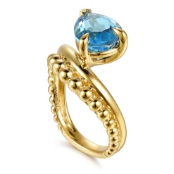 Outlet Gabriel & Co. 14K Yellow Gold Graduating Bujukan Pear Blue Topaz Curved Ring