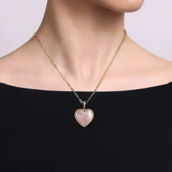 Best Gabriel & Co. 14K Yellow Gold Heart Pink Mother of Pearl Bujukan Medallion Pendant With Detachable Bail