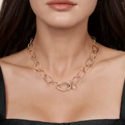 Best Gabriel & Co. 14K Yellow Gold Hollow Chain Necklace with Diamond Oval Lock Pendant