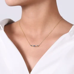 Sale Gabriel & Co. 14K Yellow Gold Marquise Shape Sapphire and Bezel Set Diamond Bar Necklace