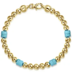 Sale Gabriel & Co. 14K Yellow Gold 6mm ball and Turquoise Cylinder Beaded Bracelet