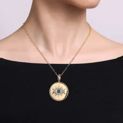 Online Gabriel & Co. 14K Yellow Gold 32mm Bujukan Diamond Sapphire Evil Eye Pendant With Detachable Bail
