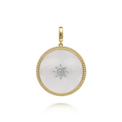 Discount Gabriel & Co. 14K Yellow Gold 32mm Bujukan Diamond Mother of Pearl Medallion Pendant With Detachable Bail