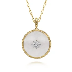 Discount Gabriel & Co. 14K Yellow Gold 32mm Bujukan Diamond Mother of Pearl Medallion Pendant With Detachable Bail